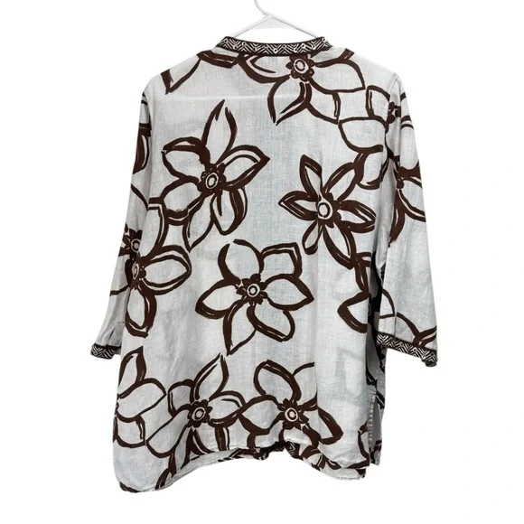 Laura Ashley Size 2X White Brown 3/4 Sleeve 100% Linen Beaded Tunic Blouse - Picture 2 of 7
